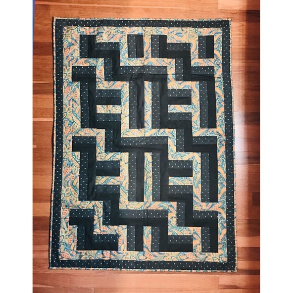 Vintage Handmade And Machine Sewn Wall Hanging Quilt Black Teal Orange 44 X 32 - Picture 1 of 12